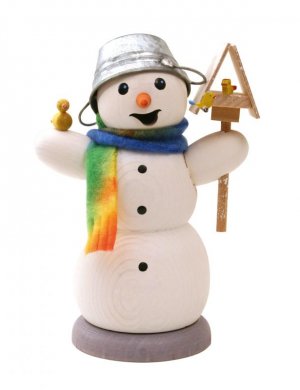 smoker snowman with bird and birdhouse