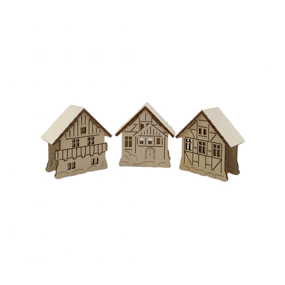 Attachable element house with tinsel for candle arch, set of 3