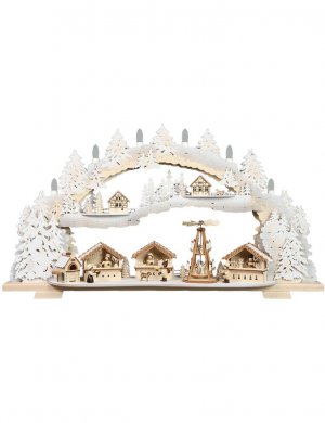 Candle arch snowy Christmas market with motorized pyramid, LED