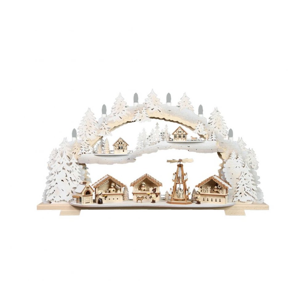 Candle arch snowy Christmas market with motorized pyramid, LED