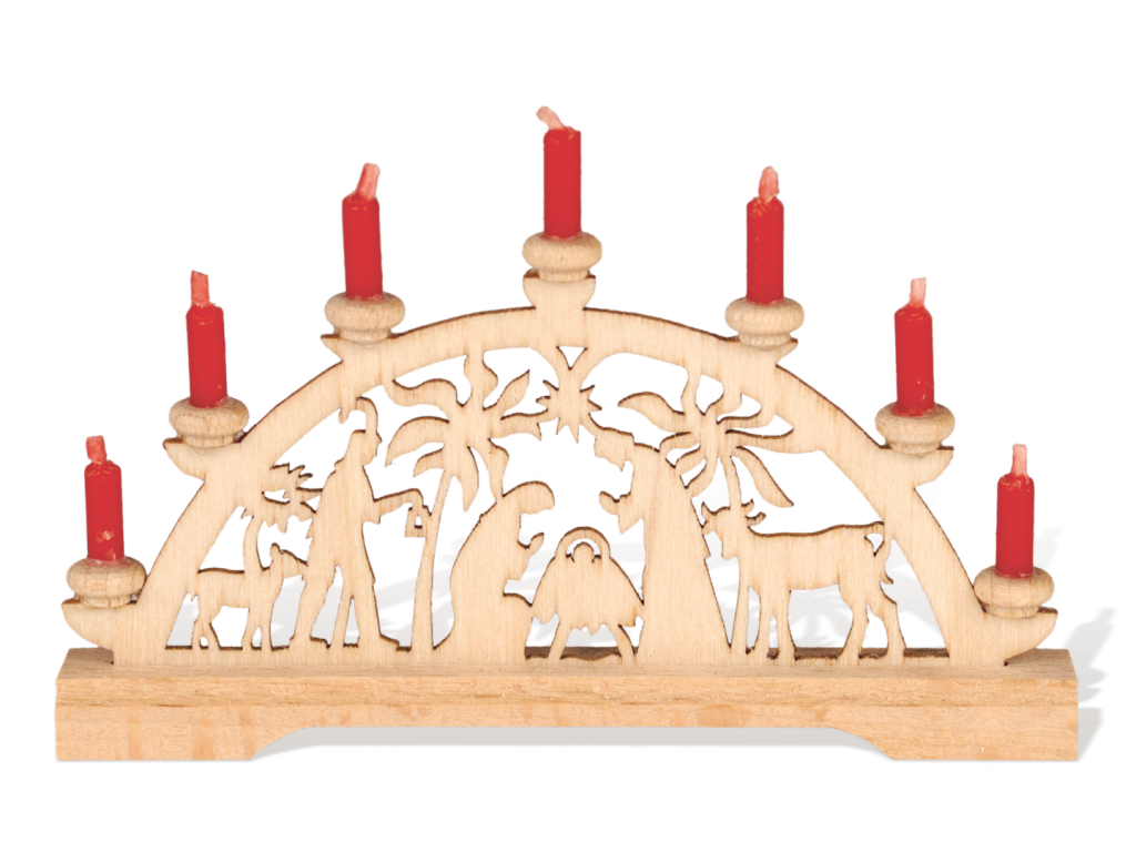 Mini-candle arch palm crib with red candles