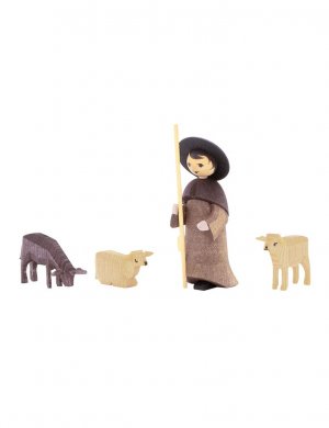 Shepherd with 3 sheep, stained