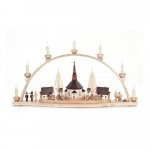 Candle arch with Seiffen Church and illuminated lanterns