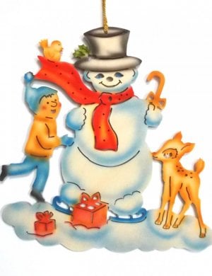 Window picture snowman with child and fawn, coloured