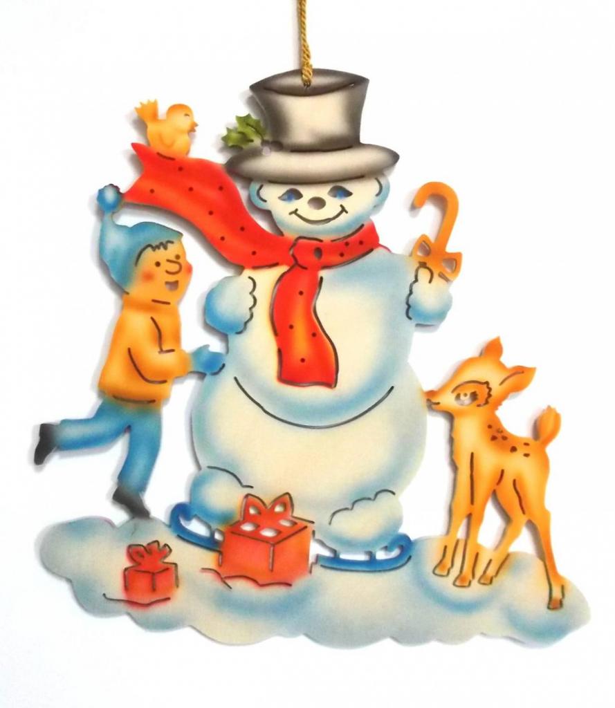 Window picture snowman with child and fawn, coloured