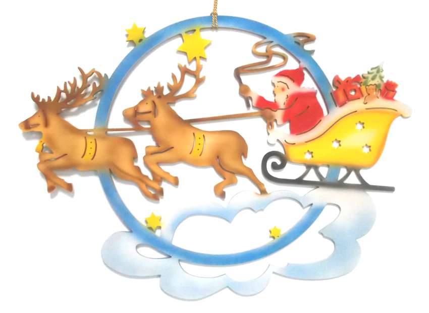Window picture Santa Claus with reindeer sleigh, colored -  Erzgebirgskunst-Shop