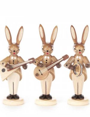 Rabbit trio with Balalaika, banjo and bell ring, natural 