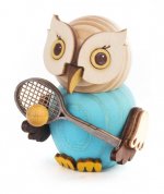 Wooden figure mini owl with tennis racket