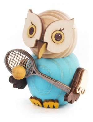 Wooden figure mini owl with tennis racket