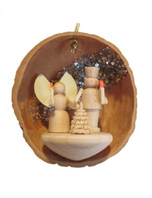 Tree hanging angel and miner in walnut shell