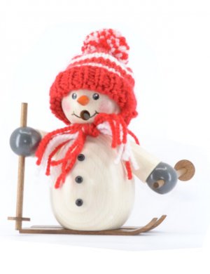 Smoking man snowman with red cap and skis