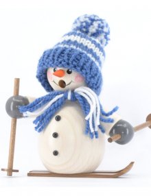Smoking man snowman with blue cap and skis