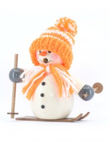 Smoking man snowman with orange cap and skis