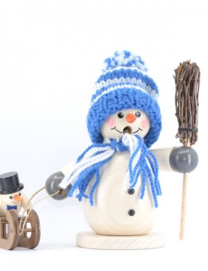 Smoker, snowman with sledge and child, blue