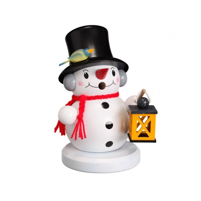 Smoking man snowman with lantern