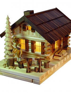 Smoked house of lights, log cabin with figure