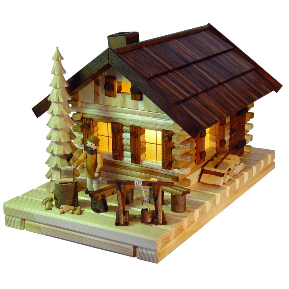 Smoked house of lights, log cabin with figure