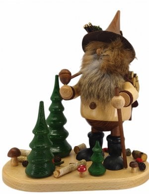 Smoking man forest gnome with wooden box