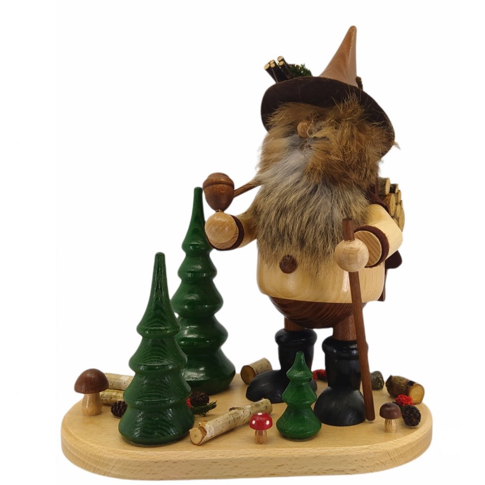 Smoking man forest gnome with wooden box