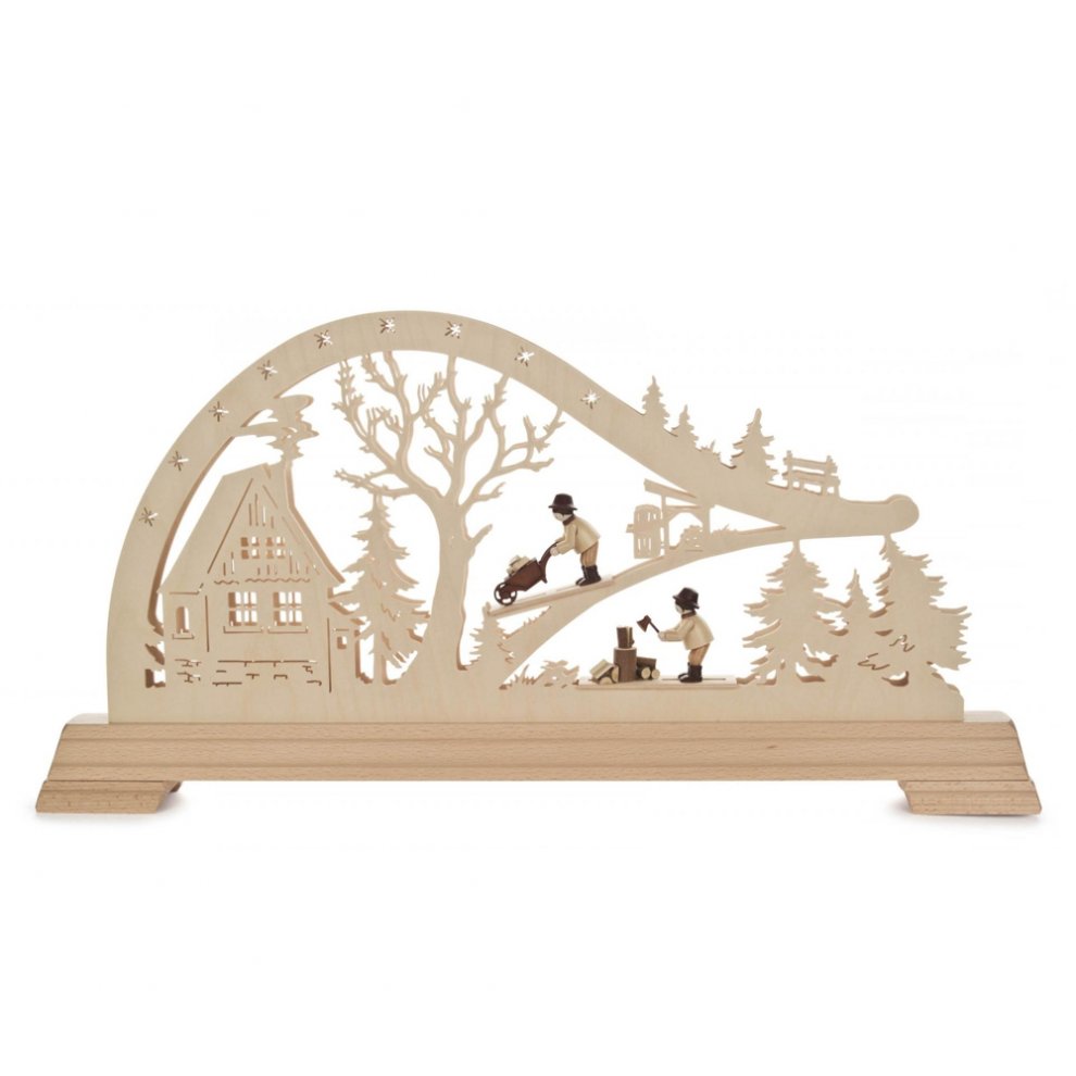 LED arch forest hut with forest workers