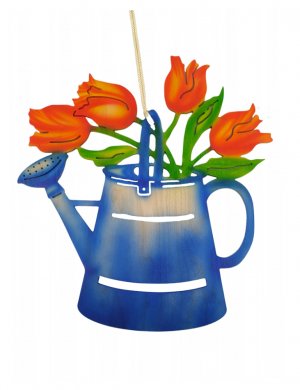 Window picture tulips in a watering can, coloured