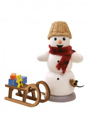 Smoking man snowman with sled and mouse