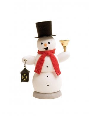 Smoking man snowman with lantern and bell