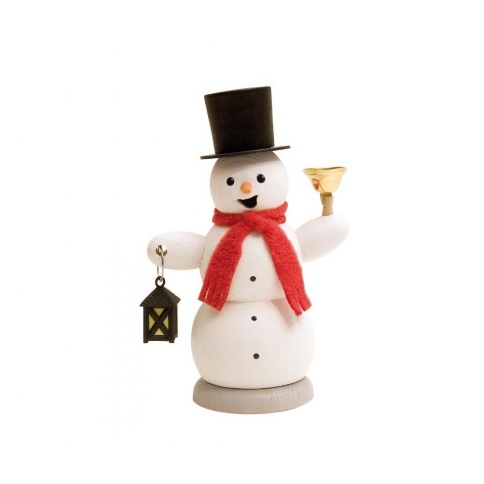 Smoking man snowman with lantern and bell