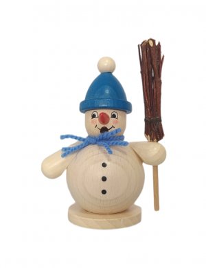 Smoking man snowman with broom, blue