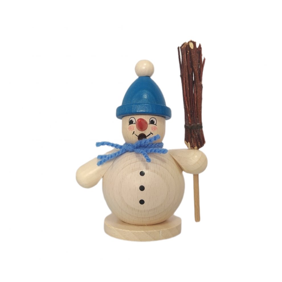 Smoking man snowman with broom, blue