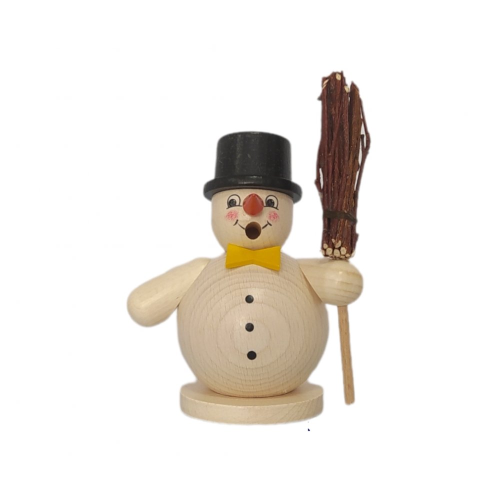 Smoking man snowman with broom and top hat