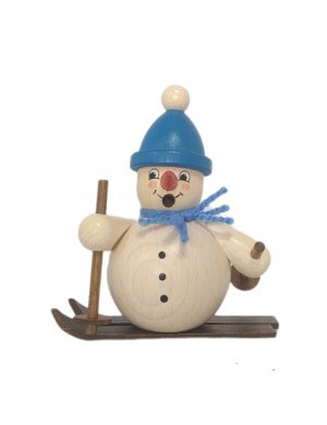 Smoking man snowman on skis, blue