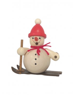 Smoking man snowman on skis, red