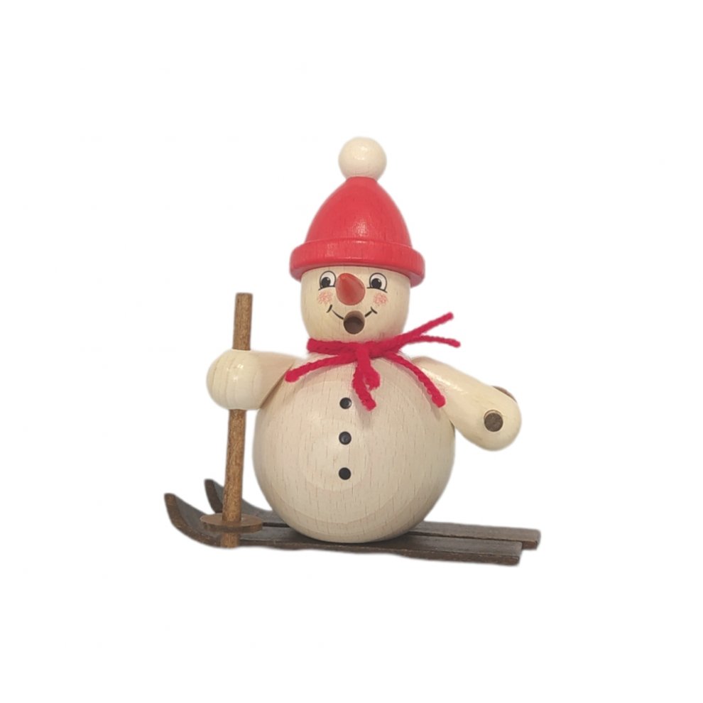 Smoking man snowman on skis, red