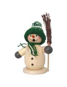 Smoking man snowman with green cap and broom