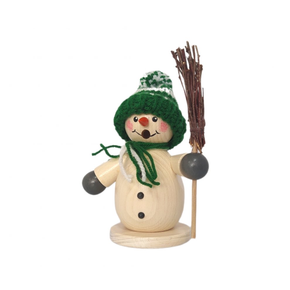 Smoking man snowman with green cap and broom