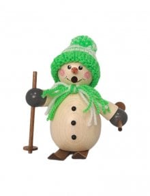 Smoking man snowman with green cap and skis