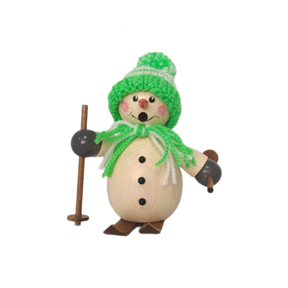 Smoking man snowman with green cap and skis