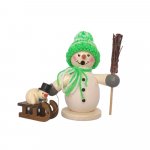 Smoking man snowman with sled and child, green