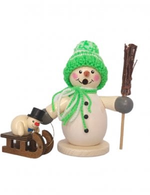 Smoking man snowman with sled and child, green