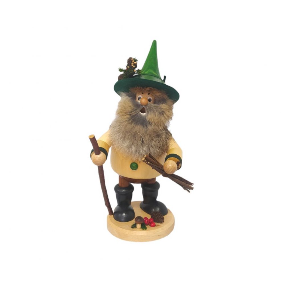 Smoking man forest gnome wood collector, green