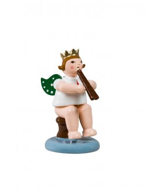 Sitting angel with double flute, with crown