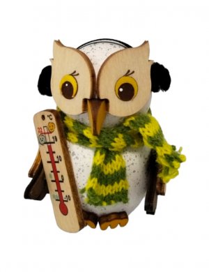 Wooden figure mini snowy owl with thermometer