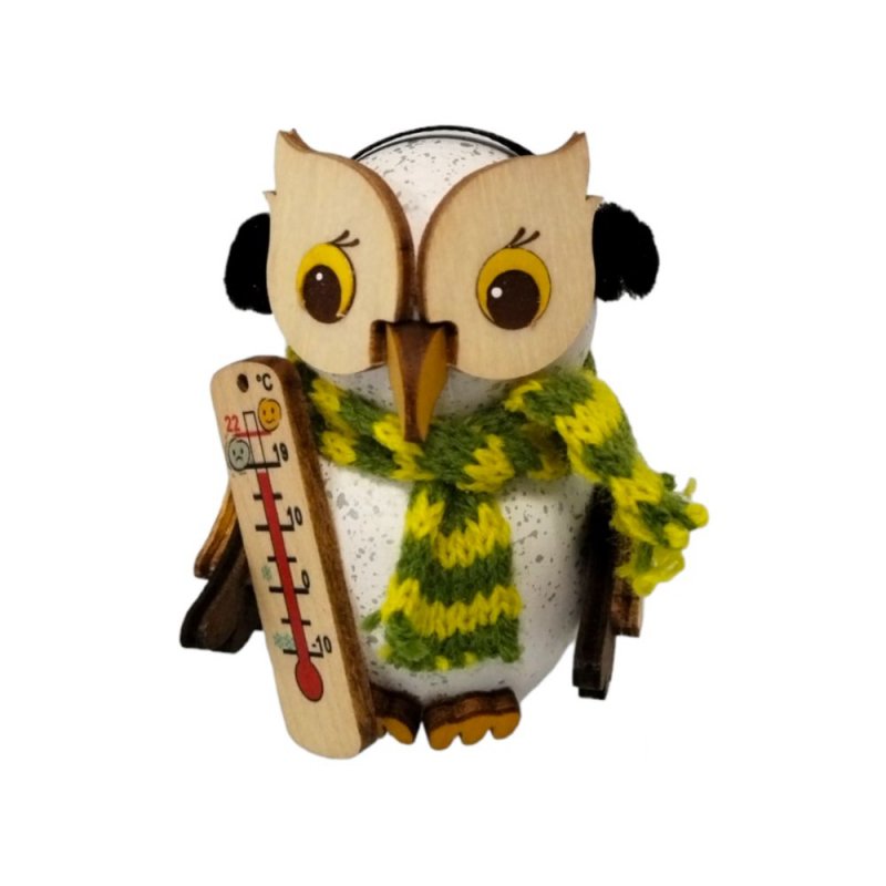 Wooden figure mini snowy owl with thermometer