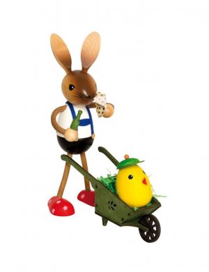 Easter bunny with wheelbarrow and chick