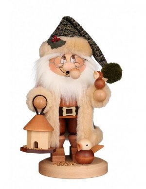 Smoking man gnome Santa Claus feeding bird