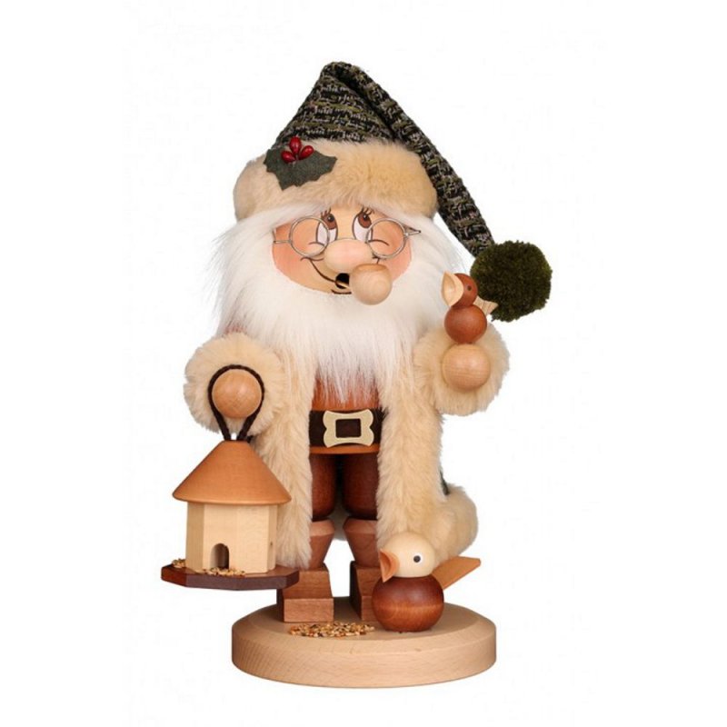 Smoking man gnome Santa Claus feeding bird
