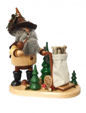 Smoking man forest gnome with cart