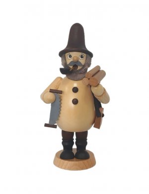 Smoking man forest gnome with saw, natural