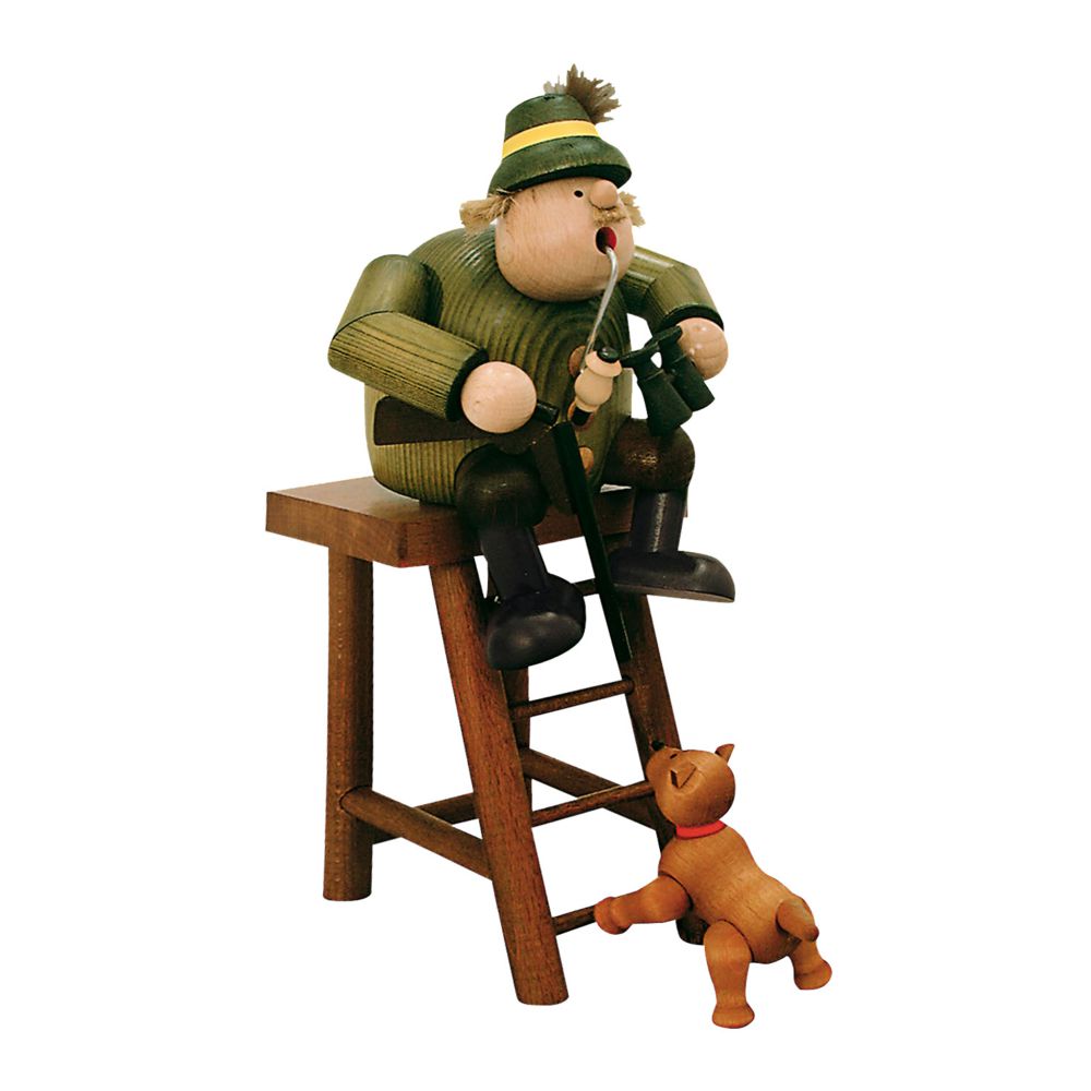 Smoker forester with dog on high seat